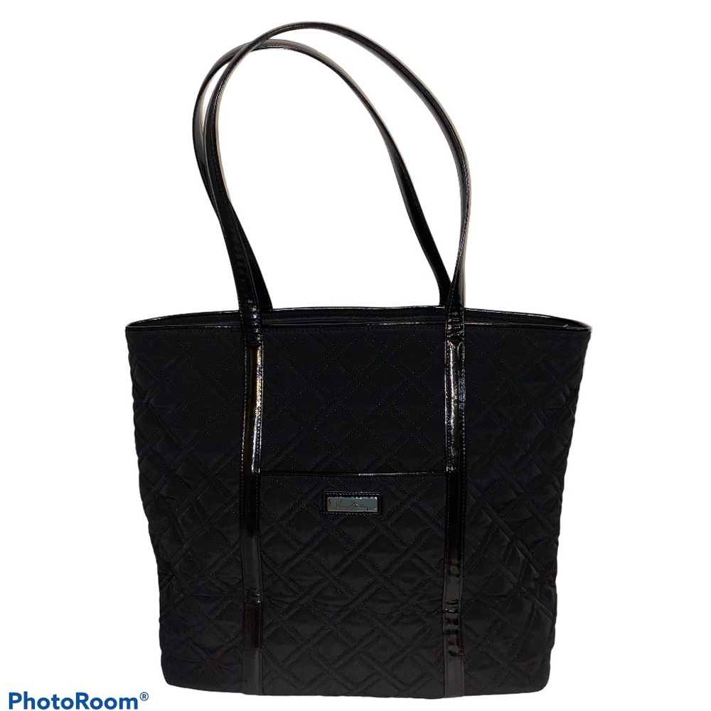 Vera Bradley BLACK Faux Leather Trimmed Tote EUC